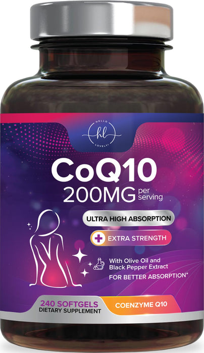 CoQ10 200mg Softgels - Ultra High Absorption, Antioxidant for Heart Health & Energy Production Support - Coenzyme Q10 (Ubiquinone) Co Q 10 Supplement and Vitamins 100mg Each - Non GMO - 240 Softgels