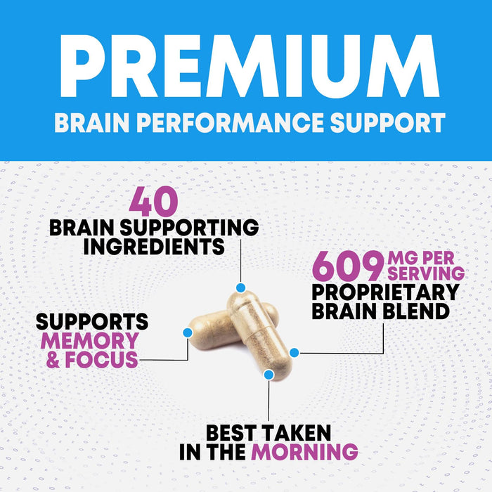 Brain Memory Supplement Pills - Nootropics Support for Concentration, Clarity, Alertness & Focus - Brain Health with Bacopa, Cognitive Vitamins, Phosphatidylserine, DMAE - Brain Booster - 60 Capsules