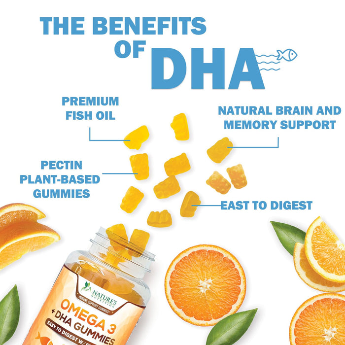 Omega 3 Fish Oil Gummies, Heart Healthy Omega 3 Gummy Supplement with High Absorption DHA & EPA, Extra Strength Joint & Brain Support, Delicious Orange Flavor Fish Oil Nature's Vitamin - 60 Gummies