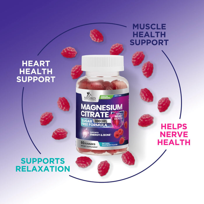 Magnesium Citrate Gummies Sugar Free Supplement - High Absorption Magnesium Citrate Supplement Gummy for Adults & Kids, Nature's Magnesio Supplements for Bone, Muscle Health, Heart Support, 60 Gummies