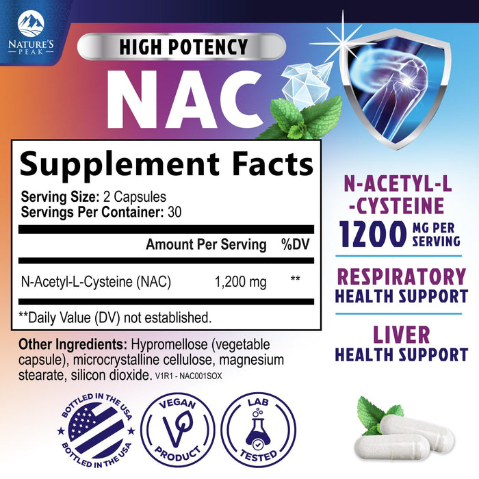 N-Acetyl Cysteine (NAC) 1200 mg – Premium Antioxidant & Immune Support - Glutathione Precursor for Liver, Lung & Respiratory Support – Nature's Fast Absorption, Non-GMO, Gluten-Free - 60 Capsules