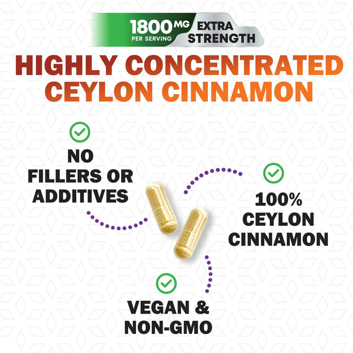 Organic Ceylon Cinnamon Supplement 1800mg - Certified Organic Ceylon Cinnamon Powder Pills - Energy & Heart Support for Women & Men, Bottled in USA, Antioxidant, Gluten Free, Non-GMO - 240 Capsules