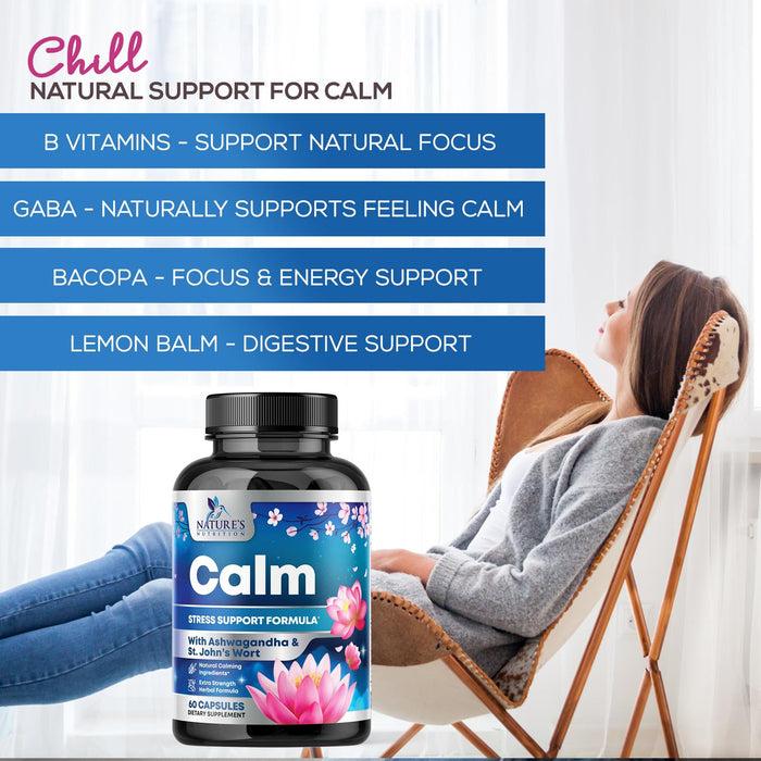 Natural Calm, Unwind & Relax Support with Ashwagandha, GABA, Magnesium, 5-HTP, L-Theanine & B Vitamins, Natural Focus, Energy & Immune Support - Nature's Non-GMO, Vegan, Gluten Free - 60 Capsules