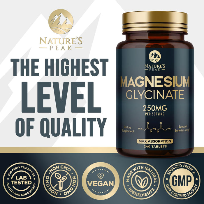 Magnesium Glycinate Chelated for Max Absorption - Supports Bone, Muscle, Nerves & Heart Health, Nature's Sleep and Stress Support, Best Magnesium Supplement Pills for Whole Body Support - 240 Tablets