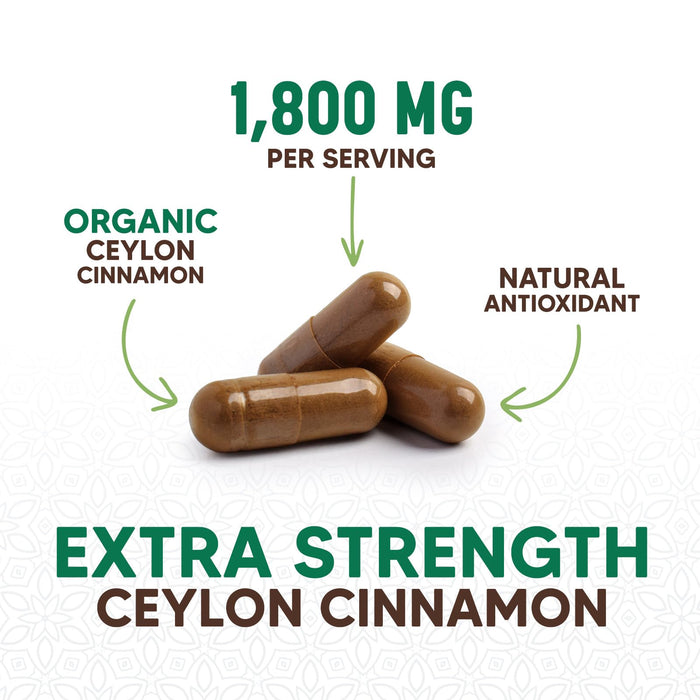 Ceylon Cinnamon Capsules 1800mg - Certified Organic Ceylon Cinnamon Powder Supplement, Bottled in USA, Extra Strength Energy & Heart Support Pills, Non-GMO & Gluten Free, Sugar Free - 120 Capsules