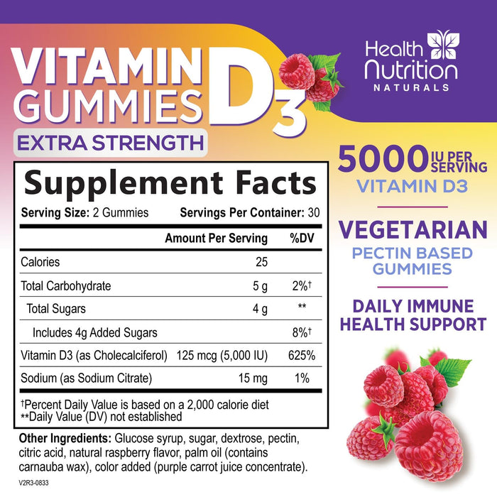 Vitamin D3 Gummies 5000 IU (125 mcg) - Extra Strength Immune Support, Bone, Teeth and Muscle Vitamin D Gummy Dietary Supplement, Nature's Berry D Vitamin Supplement, Raspberry, Non-GMO - 60 Gummies