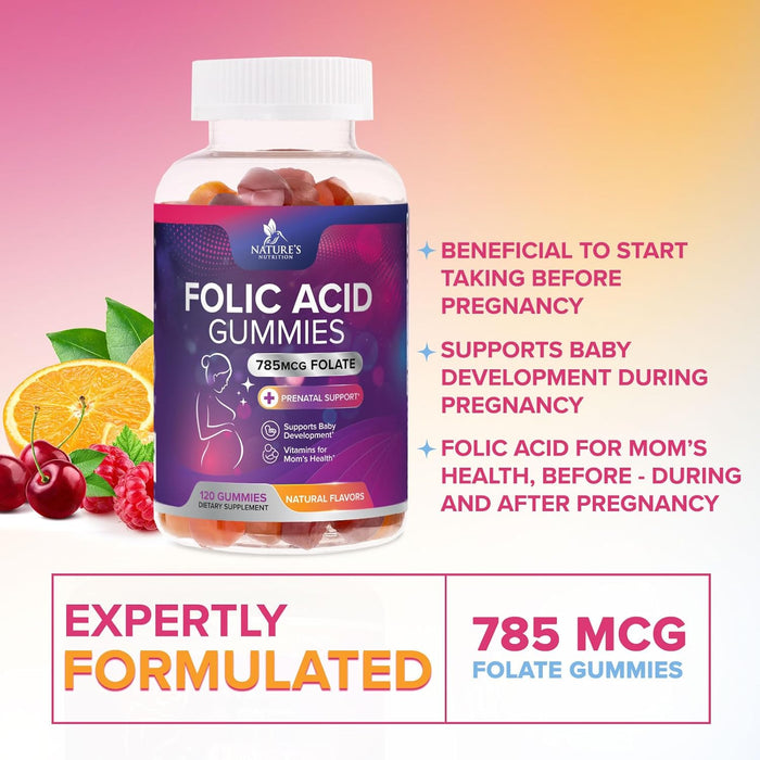 Folic Acid Gummies for Women 785 mcg, Essential Prenatal Vitamins for Mom & Baby, Vegan Folic Supplement Gummy, Daily Vitamin B9 Extra Strength Folate, Before During After Pregnancy - 120 Gummies
