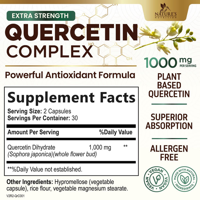 Quercetin 1000mg Per Serving – Extra Strength Quercetin Dihydrate Capsules from Sophora Japonica – Plant-Based Bioflavonoids for Cellular & Immune Support – Non-GMO, Vegan - 60 Veggie Capsules