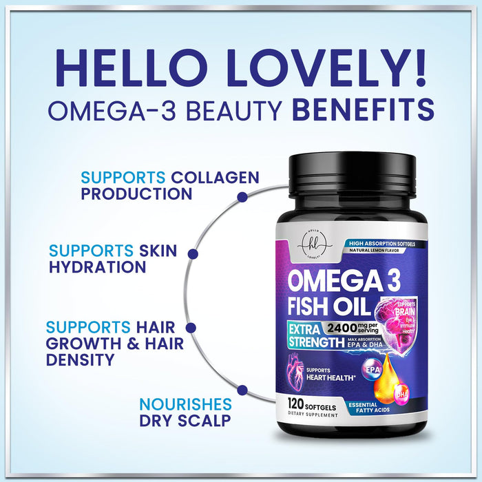 Omega 3 Fish Oil Supplements 2400mg - Triple Strength Omega 3 Fatty Acids, Natural Heart Health Brain & Joint Support - Fatty Acids with EPA & DHA - Wild Caught Fish Oil Supplement - 120 Softgels