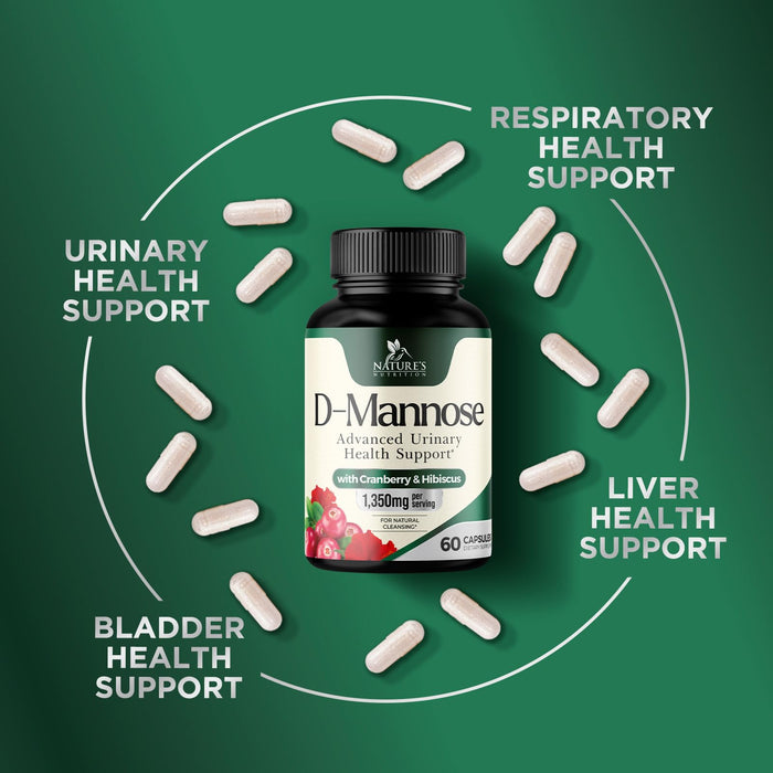 D-Mannose Supplement 1,350 mg with Cranberry & Hibiscus - Effective Fast-Acting, Flush The Impurities for Natural Bladder, Urinary Tract Health Support, for Women and Men, Non-GMO, Vegan, 60 Capsules