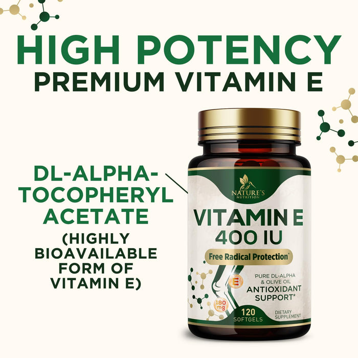 Vitamin E 400 IU Softgels (180mg DL-Alpha) for Women & Men, Supplement for Max Absorption, Nature's Antioxidant for Skin, Heart, Eye, and Immune Health Support, Dairy, Gluten & Soy Free, 120 Softgels