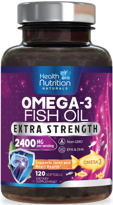 Omega 3 Fish Oil 2400 mg - Triple Strength Omega3, EPA & DHA Fatty Acids Supplement - Natural Support for Immune, Heart & Brain Health - Wild Caught, Non-GMO, Lemon Flavor, Burpless - 120 Softgels