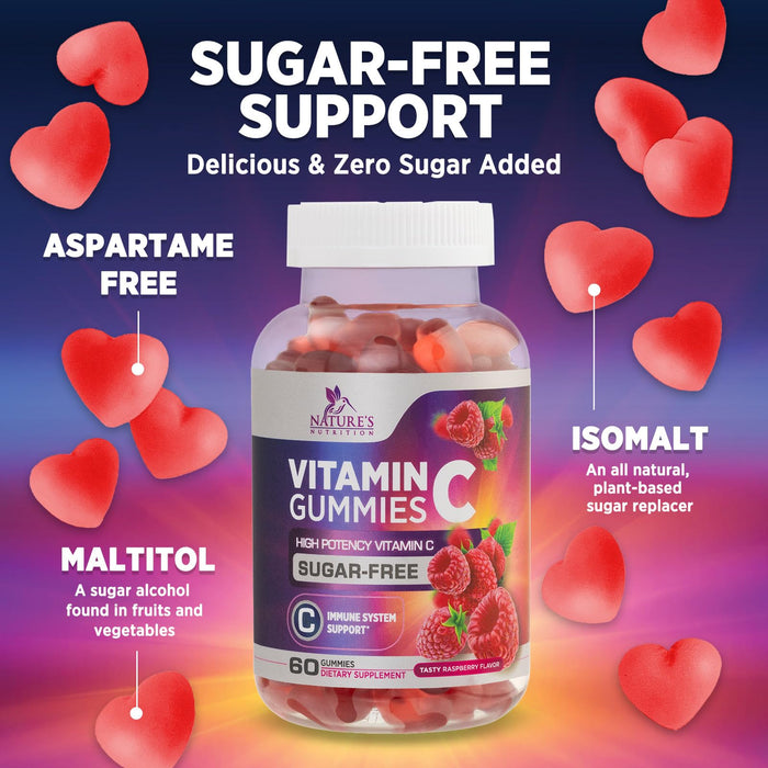 Zero Sugar Vitamin C Gummies - Immune Support & Antioxidant VitaminC Dietary Supplement - Vegan, Non-GMO, Dairy & Gluten Free C Vitamin Gummy - Raspberry Flavor for Kids & Adults - 60 Count Gummies