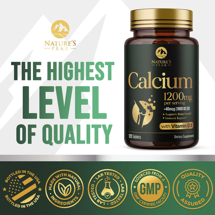 Calcium 1200 mg with Vitamin D3 (1600 IU), Calcium Supplement Vitamins, Bone, Teeth & Immune Health Support, Calcium Supplements with D for Women & Men, Nature's Absorbable Carbonate - 120 Tablets