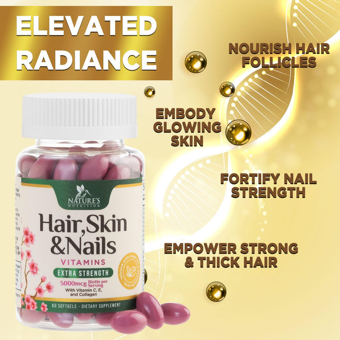 Hair Vitamins Biotin 5000 mcg Collagen for Hair Skin and Nails Vitamin Nature's – 60 Softgels