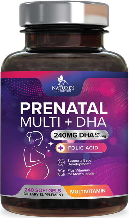 Prenatal Vitamins with Folic Acid & DHA, Fetal Brain Development Support with Folate & Omega 3's, Prenatal Multivitamin for Women, Vitamin A, C, D, B6, B12 & Iron, Pregnancy Supplement - 240 Softgels