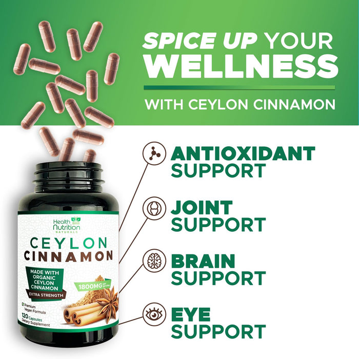 Ceylon Cinnamon Capsules 1800mg - Certified Organic Ceylon Cinnamon Powder Supplement, Bottled in USA, Extra Strength Energy & Heart Support Pills, Non-GMO & Gluten Free, Sugar Free - 120 Capsules