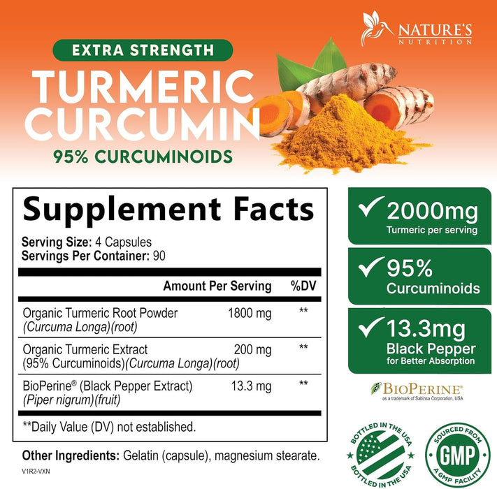 Turmeric Curcumin Supplement 2000mg - Nature's Joint & Immune Support, Organic Tumeric & BioPerine Black Pepper for Best Absorption with 95% Curcuminoids, Non-GMO, Bottled USA - 360 Count