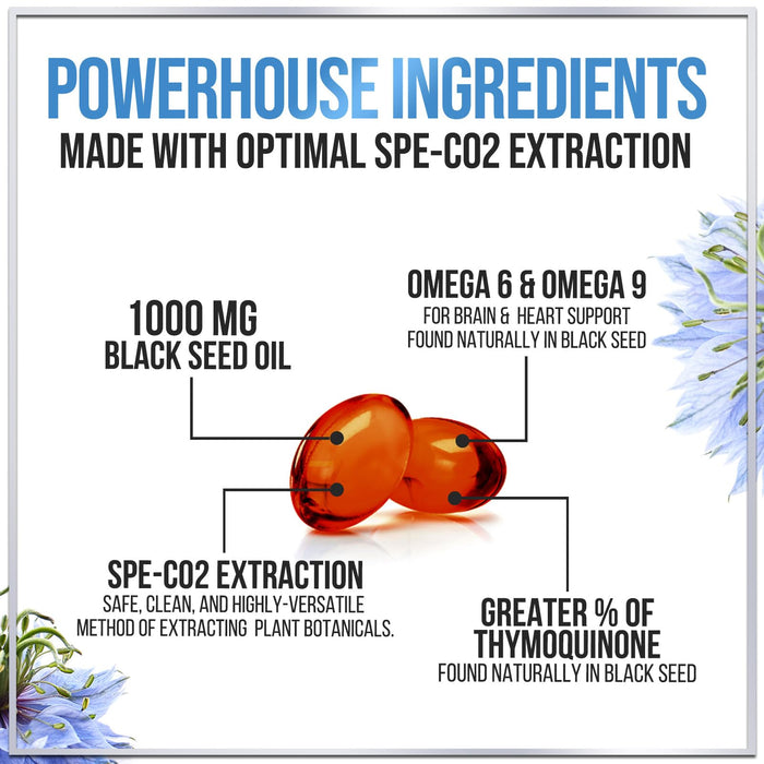 Black Seed Oil Softgels 1000mg - Premium Nigella Sativa Blackseed, Pure Natural Black Cumin Seed Oil & Antioxidant for Skin & Immune Support - Non GMO, Bottled in USA Supplement - 120 Softgels