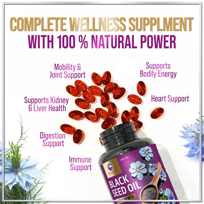 Black Seed Oil 1000mg - Premium Extra Strength Nigella Sativa Blackseed Oil - Black Seed Oil Skin, Digestive Health & Immune Support - Non-GMO Antioxidant, Gluten Free Supplement - 60 Softgels