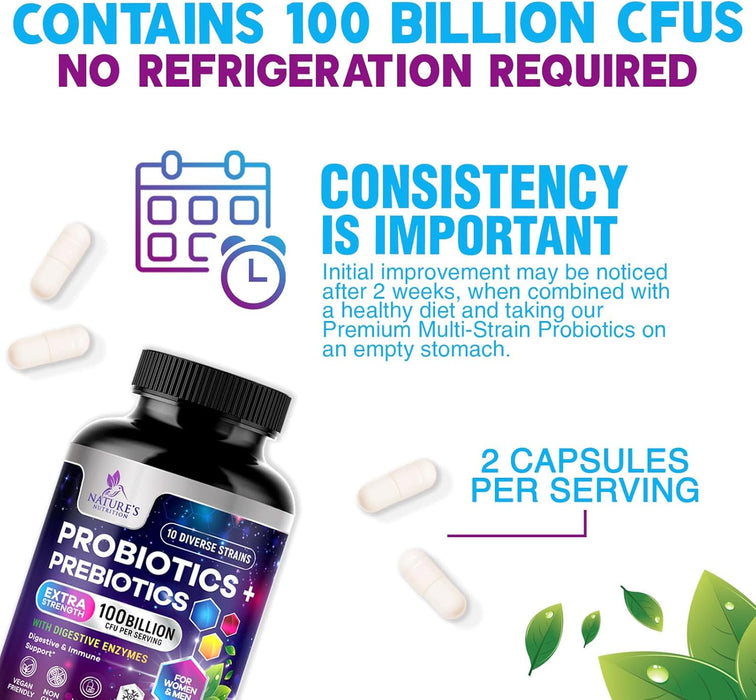 Probiotics for Women & Men 100 Billion CFU - 10 Strains with Lactobacillus, Digestive Gut Health Probiotics & Immune Support Supplement, Supports Occasional Constipation, Gas & Bloating - 120 Capsules