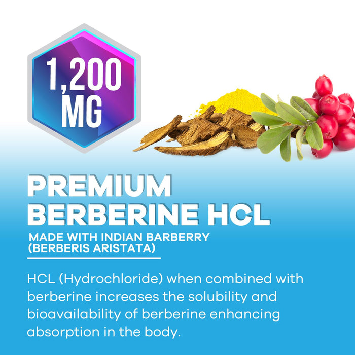 Berberine HCL 1200mg Supplement - Berberine HCI Capsules High Absorption Supplement for Heart Health & Immune Support, High Strength, Gluten-Free, Vegan, Non-GMO Pills - 120 Veggie Capsules