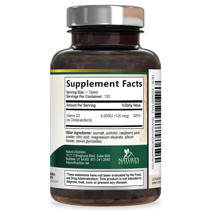 Vitamin D3 5000 IU (125 mcg) Nature's Vitamin D Chewable for – 120 Count Tablets