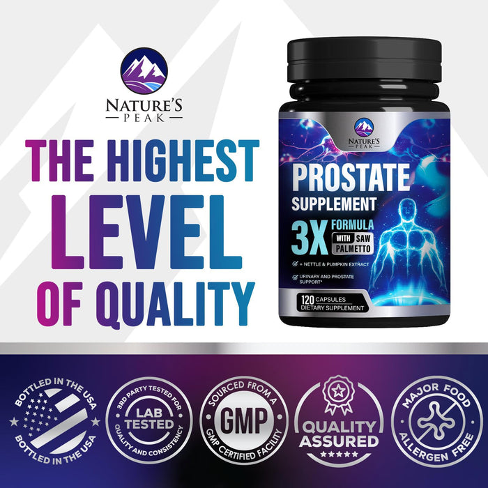 Prostate Health Supplements for Men - Support Complex 3x Formula with Saw Palmetto Blend Stinging Nettle Root & Pumpkin Seed Extract - Supports Bathroom Trips Prostate & Urinary Health - 120 Capsules