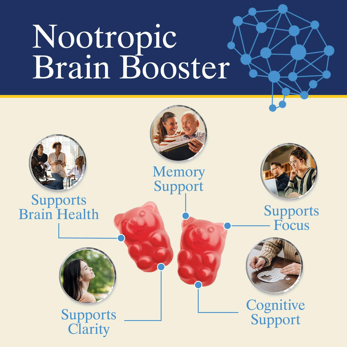 Brain Supplements Gummies for Memory, Focus, Concentration - Brain Gummy Vitamin Plus Nootropics, Phosphatidylserine, B6 & B12, Caffeine Free Nootropic, Clarity Support Supplement - 60 Gummies