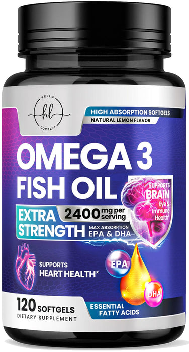 Omega 3 Fish Oil Supplements 2400mg - Triple Strength Omega 3 Fatty Acids, Natural Heart Health Brain & Joint Support - Fatty Acids with EPA & DHA - Wild Caught Fish Oil Supplement - 120 Softgels