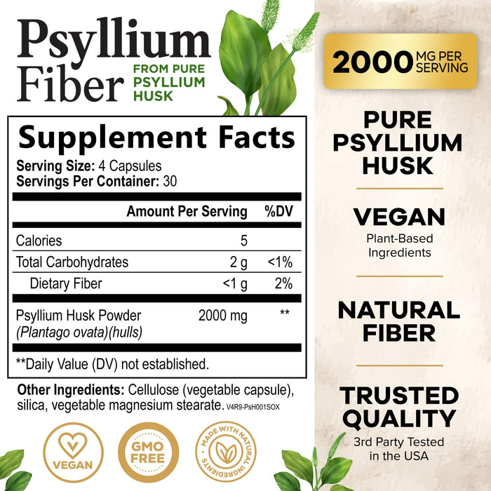 Psyllium Husk Fiber Supplement 2000mg, Natural Daily Soluble & Insoluble Fiber Pills, Psyllium Husk Powder Capsules Supports Digestion Colon Health & Regularity, Plant Based Supplement - 120 Capsules