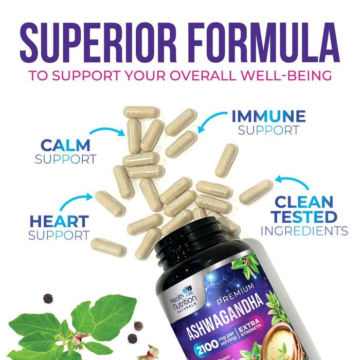 Ashwagandha Supplement 2100mg - Extra Strength Herbal Root Extract, Best Ashwagandha Supplements for Men & Women, Restore, Unwind, Calm Support Formula, Vegetarian, Non-GMO, Gluten-Free, 60 Capsules