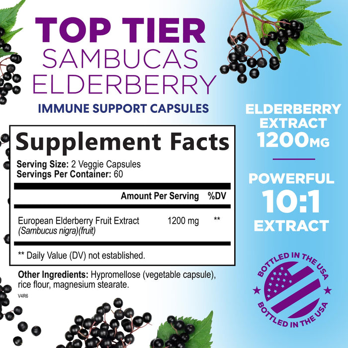 Elderberry Immune Support 1200mg Extract Capsules - Daily Immune Support for Adults with Concentrated Sambucus Black Elderberry Antioxidant - Gluten Free Vitamin, Non-GMO Supplement - 120 Capsules