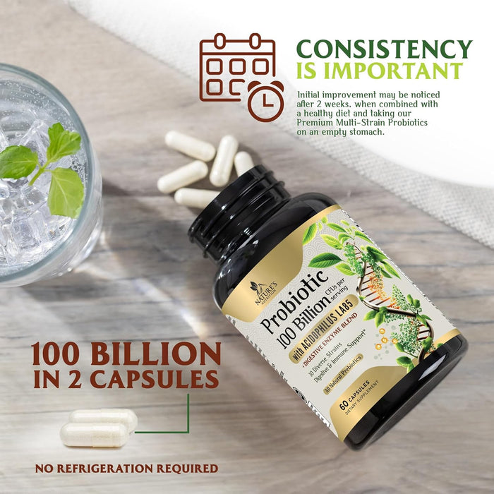 Probiotics for Women & Men - 100 Billion CFU 10 Strains + Prebiotics - Digestive Health, Gut & Immune Support - Support for Occasional Constipation, Gas & Bloating - Non-GMO Shelf Stable - 60 Capsules