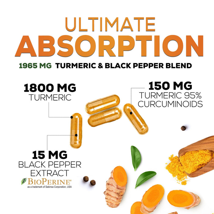 Turmeric Curcumin Supplement 1950mg - 95% Curcuminoids with Organic Turmeric & BioPerine Black Pepper Extract for Best Absorption, Nature's Vegan Joint Support, Non-GMO, Bottled in USA - 180 Capsules