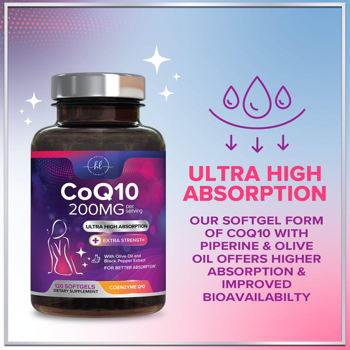 CoQ10 200mg Softgels - Ultra High Absorption, Antioxidant for Heart Health & Energy Production Support - Coenzyme Q10 (Ubiquinone) Co Q 10 Supplement and Vitamins 100mg Each - Non GMO - 120 Softgels