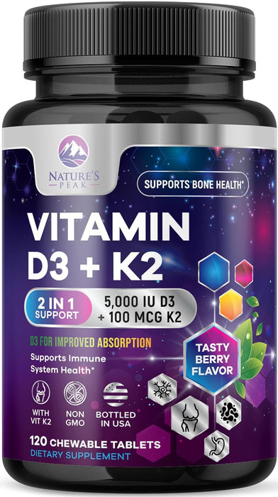 Vitamin D3 K2 - 5000 iu Vitamin D3 & 100 mcg Vitamin K2 (MK-7) Complex for Immune Support - Bone, Teeth & Muscle Health Support - Berry Chewable, Gluten Free, Non-GMO, Made in USA - 120 Tablets