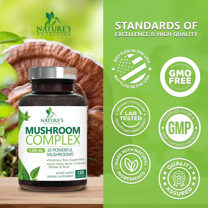 Mushroom Supplement Nootropic 1330mg - 10 in 1 High Strength Brain Supplements Mushroom Complex with Lions Mane, Turkey Tail, Reishi, Cordyceps & Chaga for Memory, Brain & Focus Support - 120 Capsules