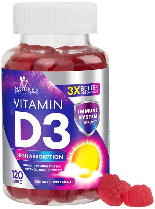 Vitamin D3 Supplement Gummy 5000 IU (125 mcg) Dietary Vitamins D for Men & Women - Bone, Teeth, Muscle & Immune Health Support, High Potency VIT D3 Nature's Non-GMO & Gluten Free - 120 Gummies