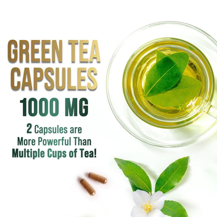 Green Tea Extract Capsules 1000mg with 98% Standardized Polyphenols & 45% EGCG for Heart Support with Antioxidants - 3X Absorption Green Tea Pills for Natural Energy, Gentle Caffeine - 120 Capsules