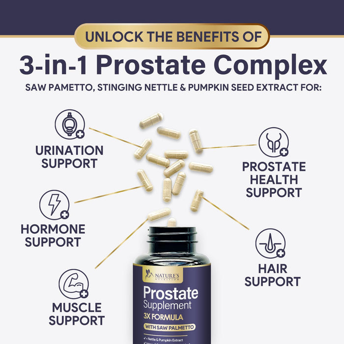 Prostate Health Supplements for Men - Support Complex 3X Formula with Saw Palmetto Blend Stinging Nettle Root & Pumpkin Seed Extract - Supports Bathroom Trips Prostate & Urinary Health - 60 Capsules