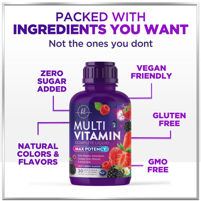 Multivitamin for Women, Men & Kids - Sugar Free & Vegan, Multi Vitamin Liquid & Multimineral, Vitamins A, C, D3, E, B6, B12 & Zinc, Women's Multivitamin & Immune Support, Berry Flavor - 15 Fl Oz