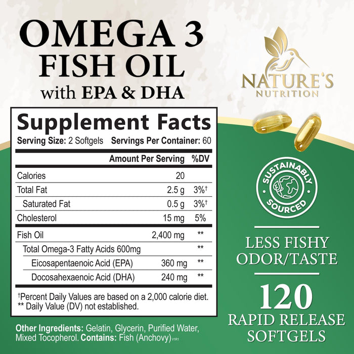 Omega 3 Fish Oil Supplements - 2400 mg Triple Strength Omega3, EPA & DHA with Essential Fatty Acids - Natural Immune, Brain & Heart Health Support - Gluten Free, Non-GMO, Wild Caught - 120 Softgels