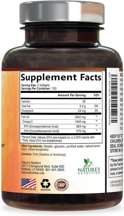 Omega 3 Fish Oil 2400 mg - Triple Strength EPA & DHA Fatty Acids for Heart, Brain & Joint Support Wild-Caught, Burpless, Lemon Flavor Supplement Natural, Non-GMO, Gluten-Free - 240 Softgels
