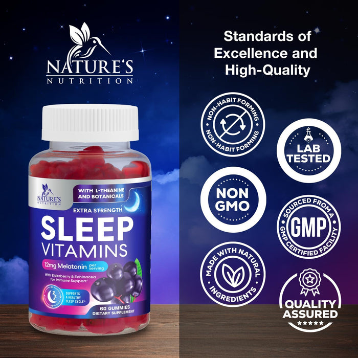 Sleep Gummies with Melatonin 12 mg - Extra Strength Sleep Vitamin Gummy, Natural Melatonin Gummy, Occasional Sleep Support Supplement for Adults, Vegan, Non-GMO, Gomitas para Dormir - 60 Gummies