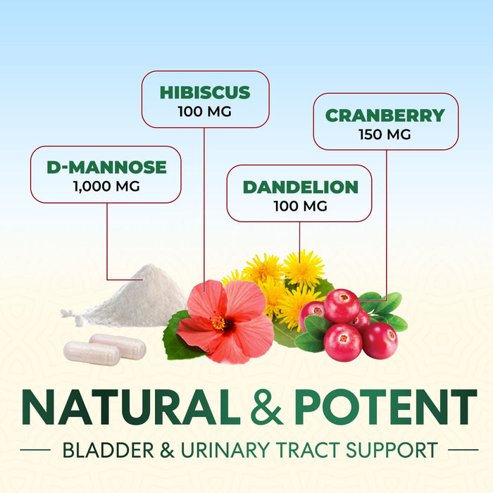 D-Mannose Supplement 1,350 mg with Cranberry & Hibiscus - Effective Fast-Acting, Flush The Impurities for Natural Bladder, Urinary Tract Health Support, for Women and Men, Non-GMO, Vegan, 60 Capsules