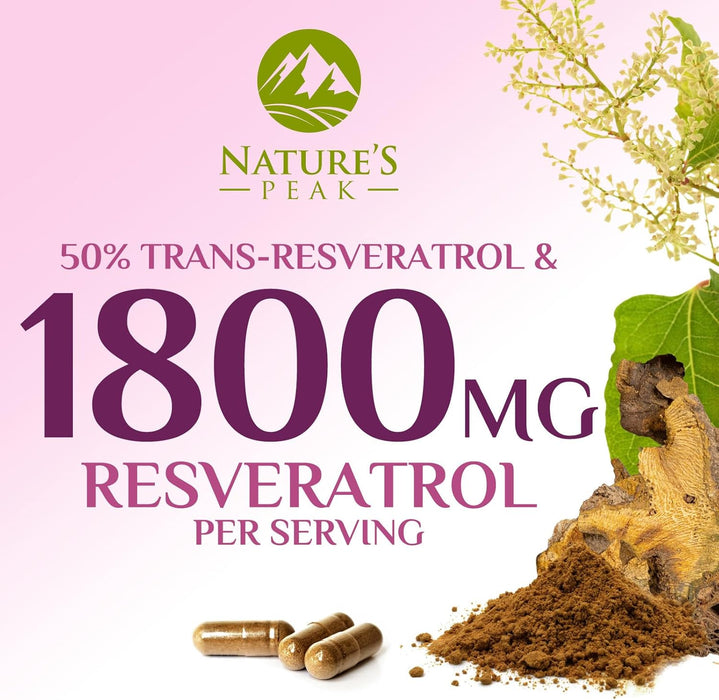 100% Natural Resveratrol 1800mg - 3X Strength Trans-Resveratrol Pills for Heart Health, Best Resveratrol Supplements, Potent Polyphenols Antioxidant Complex, Non-GMO, Bottled in USA - 120 Capsules