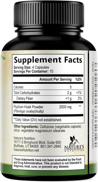 Psyllium Husk Fiber Supplement 1500mg, Natural Daily Soluble & Insoluble Fiber Pills, Psyllium Husk Powder Capsules Supports Digestion Colon Health & Regularity, Plant Based Supplement - 60 Capsules