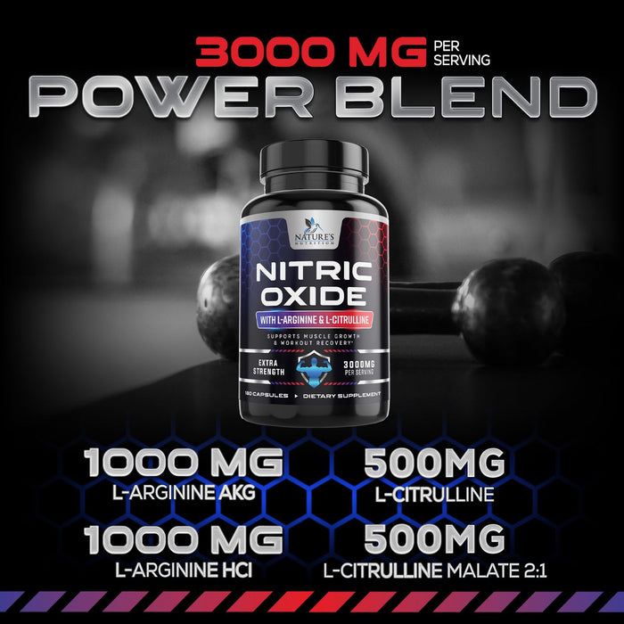 Nitric Oxide Booster Extra Strength 3000mg - L Arginine 3X Strength Nitric Oxide Supplements for Men and Women, Citrulline, Supports Muscle, Heart Health & Energy Supplement, Non-GMO - 180 Capsules