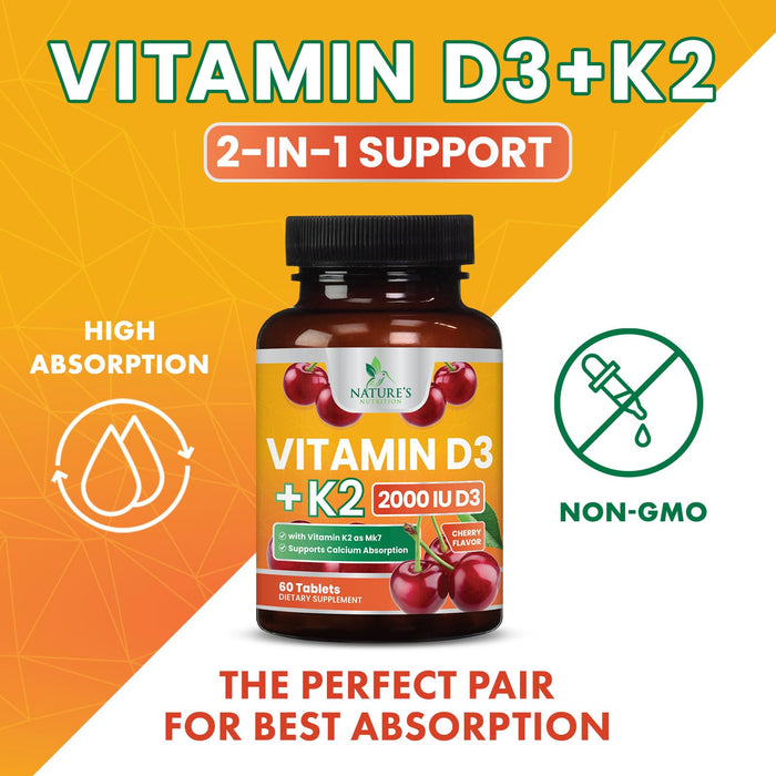 Vitamin D3 K2 2000 IU Plus with K2 (MK-7) 75 mcg - Vitamins D & K Complex Supplement for Bone, Teeth, Muscle, Calcium Absorption, Supports Immune & Heart Health, Non-GMO Chewable Formula - 60 Tablets